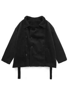 韩式双排扣立领大衣 - 黑色 - 查看 3