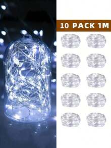 10 Battery Powered LED Mini String Lights Flashing Copper Wire Firefly Star Lights Suitable For Mason Jar Wedding Party Christmas Table Decoration, LED Fairy Lights, 100cm Silver Wire String Mini Lights Suitable For Bedrooms, Weddings, Mason Jars, DIY Crafts, Valentine's Day Scene Decoration, Flowers, Party Decoration, Yellow Lights, Fairy Lights Battery Powered String Lights Mason Jar Lights Silver Wire Lights Firefly DIY Parties Wedding Lights - 白色 - 查看 4