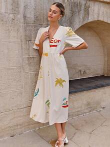 Women's Loose Letter Print V-Neck Button Down Dress, Summer - Multicolor - View 4