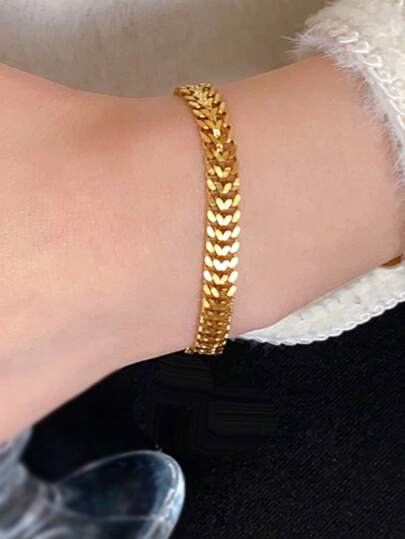 1pc Girl's Bracelet, Layered Hiphop Style, Stainless Steel Waterproof Beach Vacation Cuban Link Chain Bracelet, Daily Wear Accessory (No Gift Box)