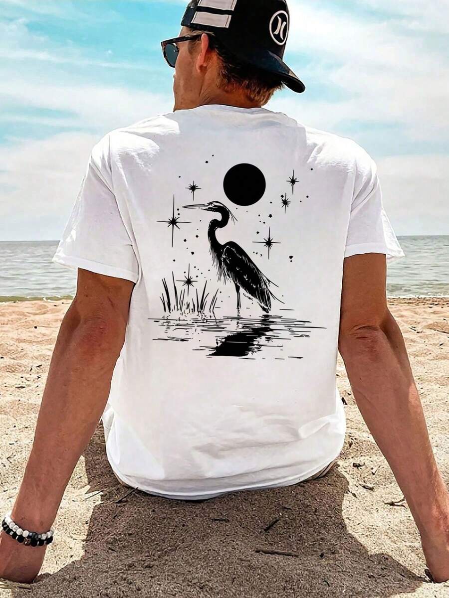 Mexico white T-Shirt, 1 pcs Crane moon-gazing print Cartoon Letter graphic print T-shirt 180g Pure Heavy 100% Cotton T Shirt, Mexican burritos and margaritas, May 5th Men's Day ,Caribbean Tropical beach cruise in Mexico, Conventional niche punk style,Relaxing versatile and comfortable, beach vacation, simple and fashionable, suitable for men - Blanco - Ver 1
