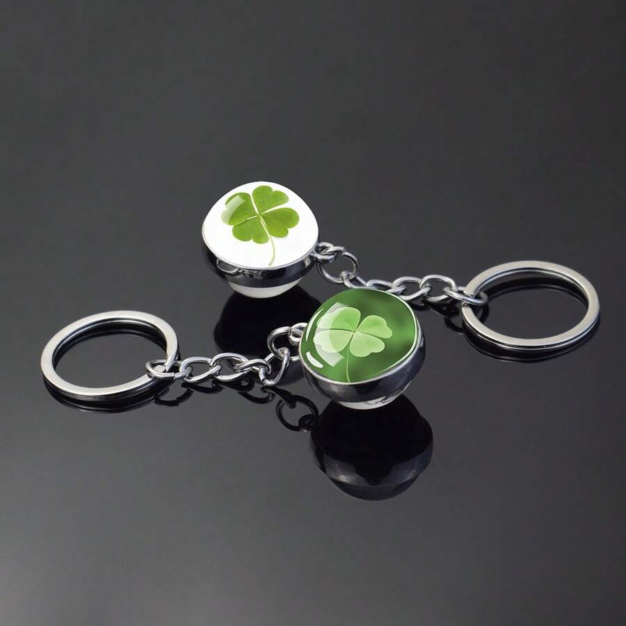 1Pc Lucky Four-Leaf Clover Glass Ball Pendant Keychain Irish St. Patrick's Day Gift Birthday, Party, Festival Gift - Silver - View 1