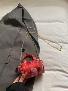 Chinese Style Kids Sling Bag, Silk Fabric, Auspicious Flower Decor, Super Cute Mini Backpack, Suitable For 3 Years Old And Above, Can Be Carried By Hand - Red - View 7