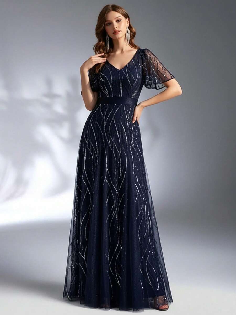 EVERPRETTY Spring Elegant Glitter Dress Navy Blue Sequin Dress For Wedding Guest Formal Dress New Year Valentine Outfits For Women - Navy Blue - View 1