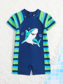 Young Boy Cartoon Shark Print Striped Raglan Short Sleeve Romper Shorts Swimsuit - Green - View 3