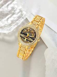 6件套奢华全钻女士黄金腕表套装，包含一款女士石英腕表、一条方形钻石手链、一条方形钻石项链、一枚全钻黄金戒指和一副方形钻石耳环。采用全金和钻石打造，风格奢华精致，尽显魅力。