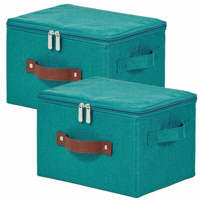 2 Pack Storage Bins With Zipper Lid Cotton Linen Fabric Lidded Storage Baskets Boxes Foldable Washable Closet Shel F Clothes Organizer Container With PU Leather Handles (Teal Blue, Small)