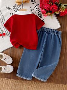 2pcs Baby Girl Fashion Set: Colorblock Shirt Collar Cherry Embroidery Short Sleeve Top And Ruffle Waist Button Decor Cherry Embroidery Flared Hem Jeans Pants Suit - Burgundy - View 2