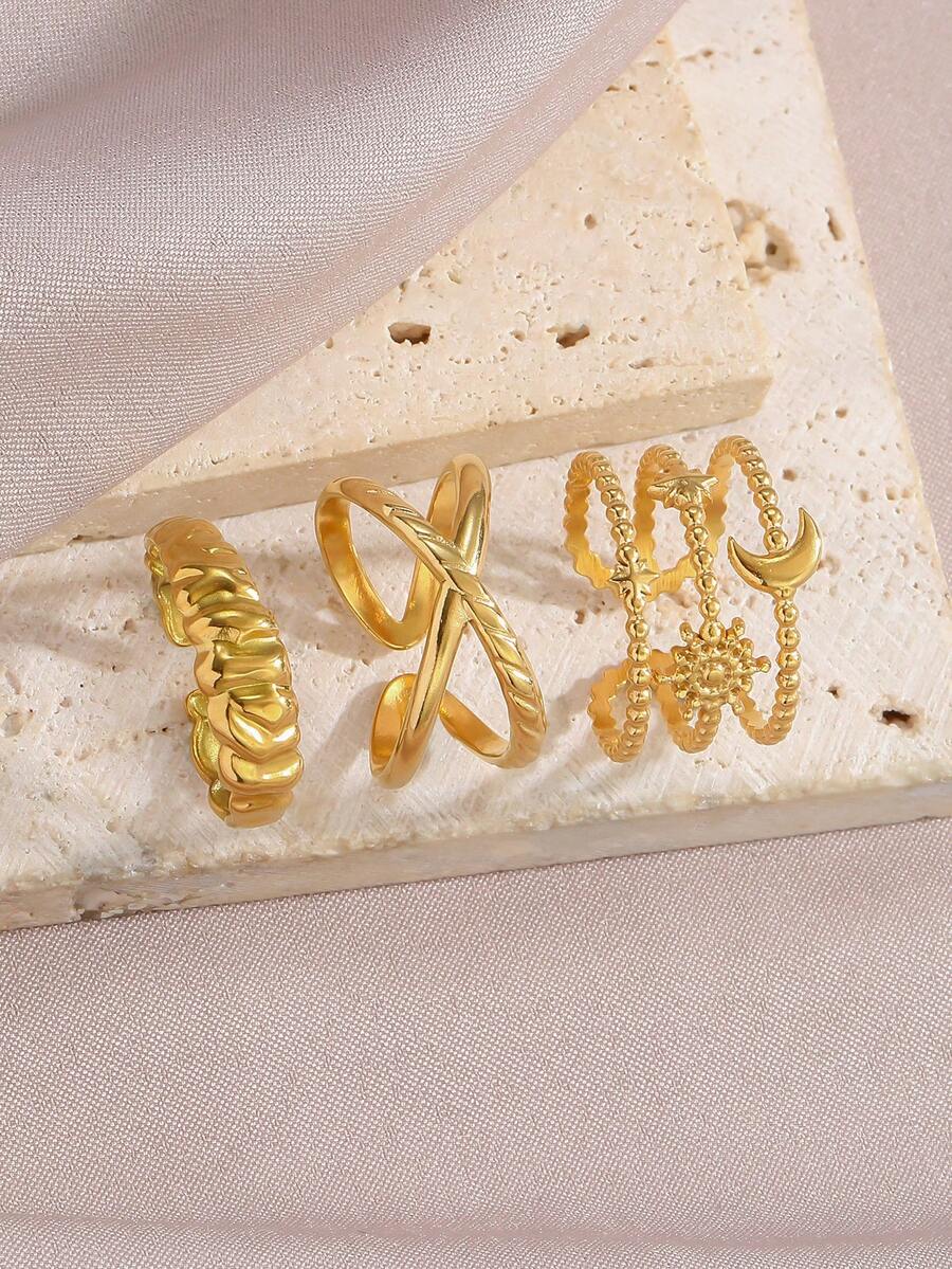 3pcs Gold-Plated Stainless Steel Multi-Layer Rings Set, Suitable For Women's Daily Wear - Gold - View 1