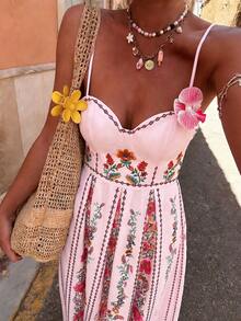 Doriss 高端蝴蝶结系带粉色花卉印花吊带长裙，情人节穿搭，新年穿搭，春季女装，夏季连衣裙，度假女装 - 彩色 - 查看 1