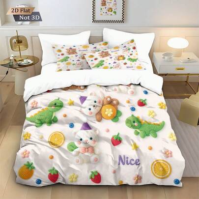 3pcs Cute Cartoon Bear & Dinosaur Pattern Digital Printing Duvet Cover Set, Including 1 Duvet Cover And 2 Pillow Shams, No Filling, Soft And Comfortable Bedding, Polyester, Suitable For Indoor Decoration, Home Goods, All Seasons, Fit For Bedroom, Hotel, Homestay, Boys And Girls Room Decor