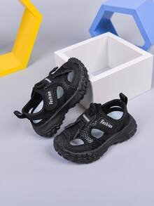 1双男童新款夏季沙滩鞋，PU材质软底时尚凉鞋，适合幼儿园穿着 - 黑色 - 查看 11