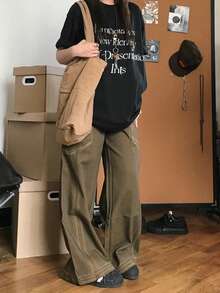 女士黑色 Y2K Grunge 宽松印花字母标语短袖T恤 街头风原宿独立美学休闲宽松上衣 夏季 - 黑色 - 查看 5