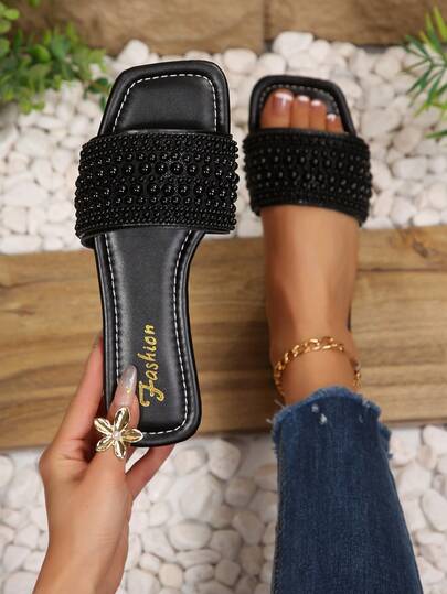 Sandalias tipo mula con adornos de strass, sandalias de playa sexy para mujeres, ligeras, antideslizantes, planas, diapositivas de moda con lentejuelas para interiores/exteriores