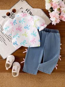 2件套女婴时尚蝴蝶结衬衫领纽扣前襟灯笼袖休闲衬衫上衣和松紧腰粉色蝴蝶牛仔裤套装 - 白色 - 查看 3