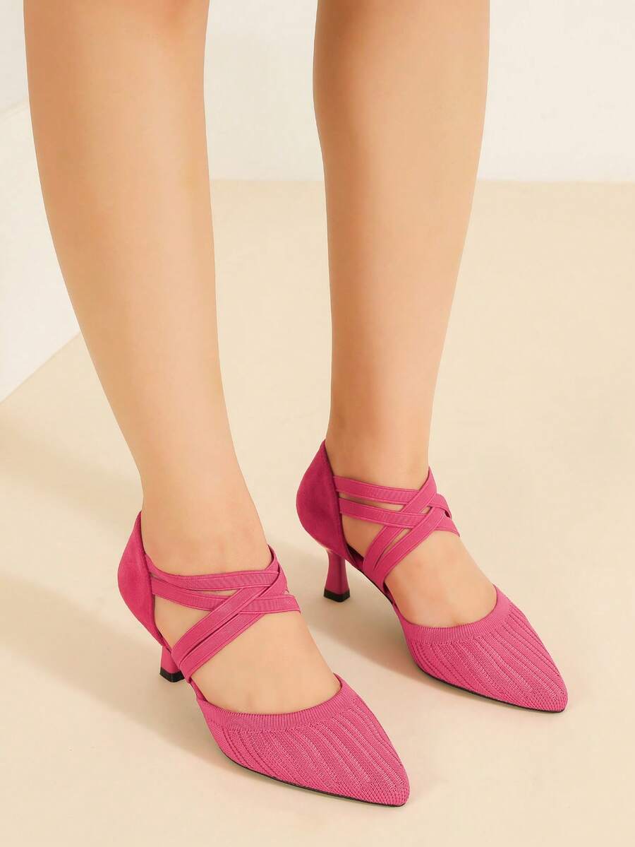 MAIERNISI JESSI Women's Low Kitten Heels Knit Pumps Elastic Crisscross Ankle Strap Slip On Dress Shoes - 玫紅色 - 查看 1