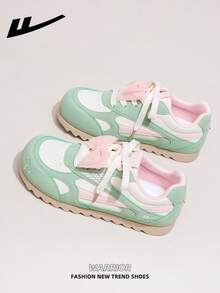 1双 WARRIOR 女士厚底系带软底休闲运动鞋，圆头优雅平底户外鞋，适合学生、通勤、徒步旅行、夏季穿着 - 米/綠 - 查看 6