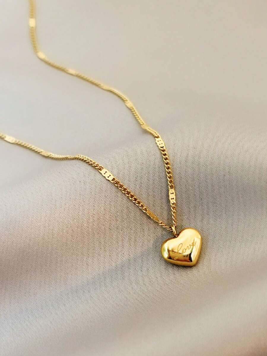 1pc Minimalist Luxury Love Heart Stainless Steel Necklace, Versatile New Design, Stainless Steel Jewelry, Simple Elegant Choker Necklace - Yellow Gold - View 1