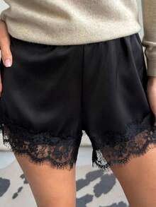 Satin Silk Boxers Shorts For Women Y2k Lace Trim Micro Mini Pajama Shorts French Knickers Low Rise Coquette Lounge Slip Pj Bottoms - 黑色 - 查看 5
