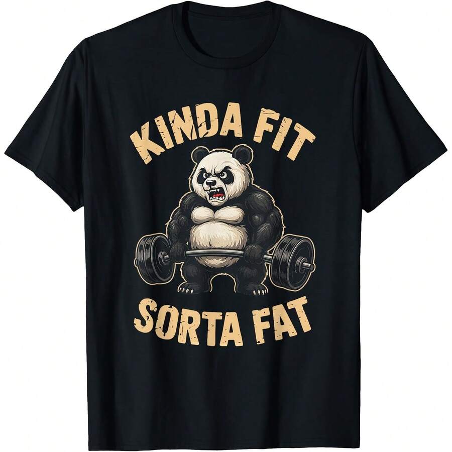 Kinda Fit Sorta Fat Funny Gym Panda Weightlifting Workout T-Shirt All Seasons,220g Pure Cotton Single-Sided Printed Crew Neck Short-Sleeved T-Shirt,Unisex Top,Base Layer - Màu 2 - Xem 1