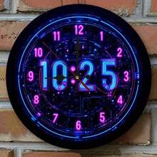 1 Neon Night Light Digital Wall Clock - Silent No Second Hand Modern Round Design, Pink LED Dial, Finger, Battery Powered (AA Batteries Not Included) - Artificial Wooden Frame, Suitable Home Office, Bedroom, Living Room Decoration - Halloween Giftchristmas Ornaments, Bedroom Furniture Set, Furniture Living Room, Home Furniture, Clock Living Room, Clock Bedroom, Wall Decor, Clock Wall - 黑色 - 查看 2