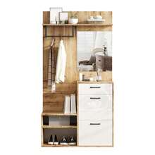 100*38.5*190cm Wardrobe Set With Mirror, Shoe Bench, Shoe Cabinet, Hallway Cabinet, Wall-Mounted Shelf Unit, Compact Wardrobe, With 1 Drawer And 2 Cabinets, Ample Storage Space, White + Original Wood Color