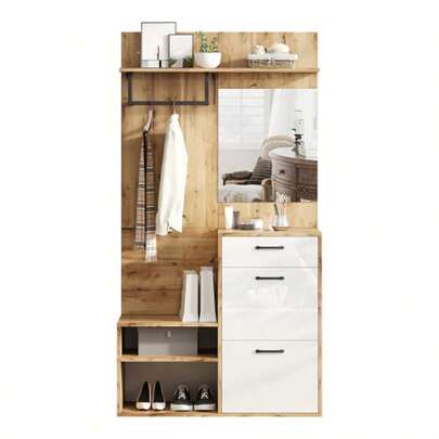100*38.5*190cm Wardrobe Set With Mirror, Shoe Bench, Shoe Cabinet, Hallway Cabinet, Wall-Mounted Shelf Unit, Compact Wardrobe, With 1 Drawer And 2 Cabinets, Ample Storage Space, White + Original Wood Color