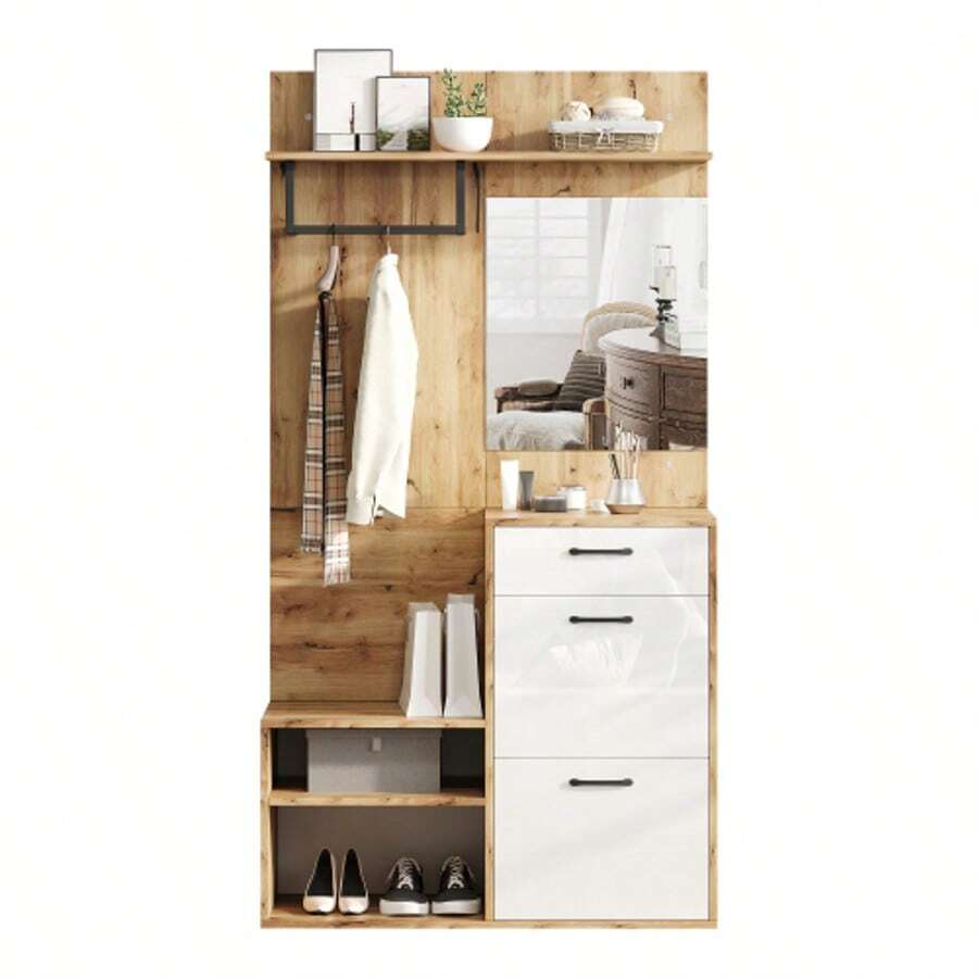 100*38.5*190cm Wardrobe Set With Mirror, Shoe Bench, Shoe Cabinet, Hallway Cabinet, Wall-Mounted Shelf Unit, Compact Wardrobe, With 1 Drawer And 2 Cabinets, Ample Storage Space, White + Original Wood Color