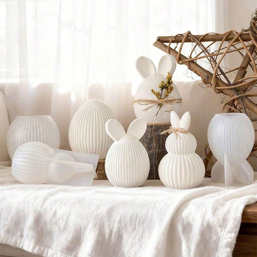 Bộ 4 khuôn silicon hình thỏ sọc, khuôn làm nến hình trứng thỏ dễ thương tự làm, khuôn nhựa epoxy trang trí nhà cửa/quà tặng ngày lễ, khuôn đúc thủ công, khuôn thạch cao nghệ thuật lễ Phục sinh. - trắng - Xem 1