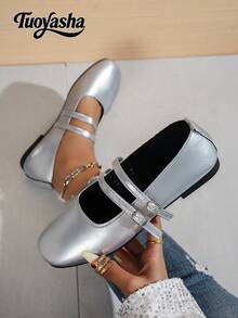 New Fashion Metal Buckle Decor Strap Buckle Flat Shoes, Comfortable Non-Slip Versatile Style Suitable For Daily Wear And Commuting - Silver - View 1
