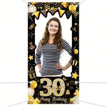 1pc Black & Gold Happy Birthday Photo Booth Prop Banner Decoration, For 18th, 21st, 30th, 40th, 50th, 60th, 70th, 80th, 90th Birthday Celebration, Birthday Photo Frame Decor Background, Home Decor - Multicolor - View 10