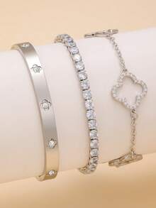 Vintage Stainless Steel Zirconia Four-Leaf Clover Bracelet, Women's Daily Wear Jewelry