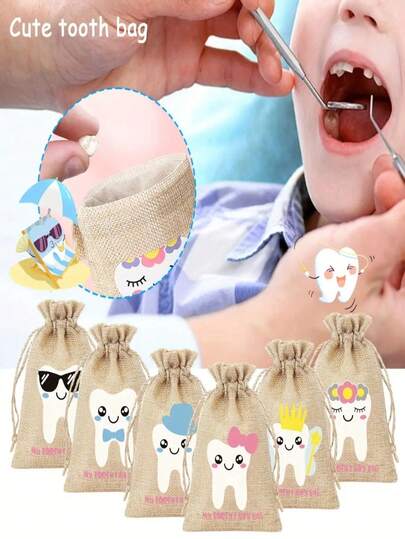 6pcs/Set Tooth Fairy Storage Bags, With Drawstring Closure, Linen Material, Can Be Used To Store Party Gifts, Jewelry, Small Toys And Accessories, Suitable For Boys And Girls, Can Be Placed Under Pillows As Tooth Fairy Boxes, Perfect Gift For Kids, Babies, Birthday Parties