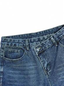 Jeans casuales de mujer con decoración de cinturón asimétrico lavado y bolsillos laterales, estilo Y2K - Azul desgastado - Ver 9