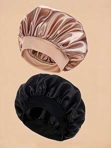 1pcs Silk Sleep Bonnet Set - Satin Hair Wrap For Curly/Natural Hair With Soft Elastic Band (Black /Gold/Pink), Gentle Night Cap For Hair Protection & Frizz Control.Casual    Polyester    None    None  Daily - 黑色 - 查看 3