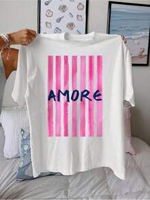Womens Amore Italian Inspired Pink White Striped T Shirt (2) - trắng - Xem 1