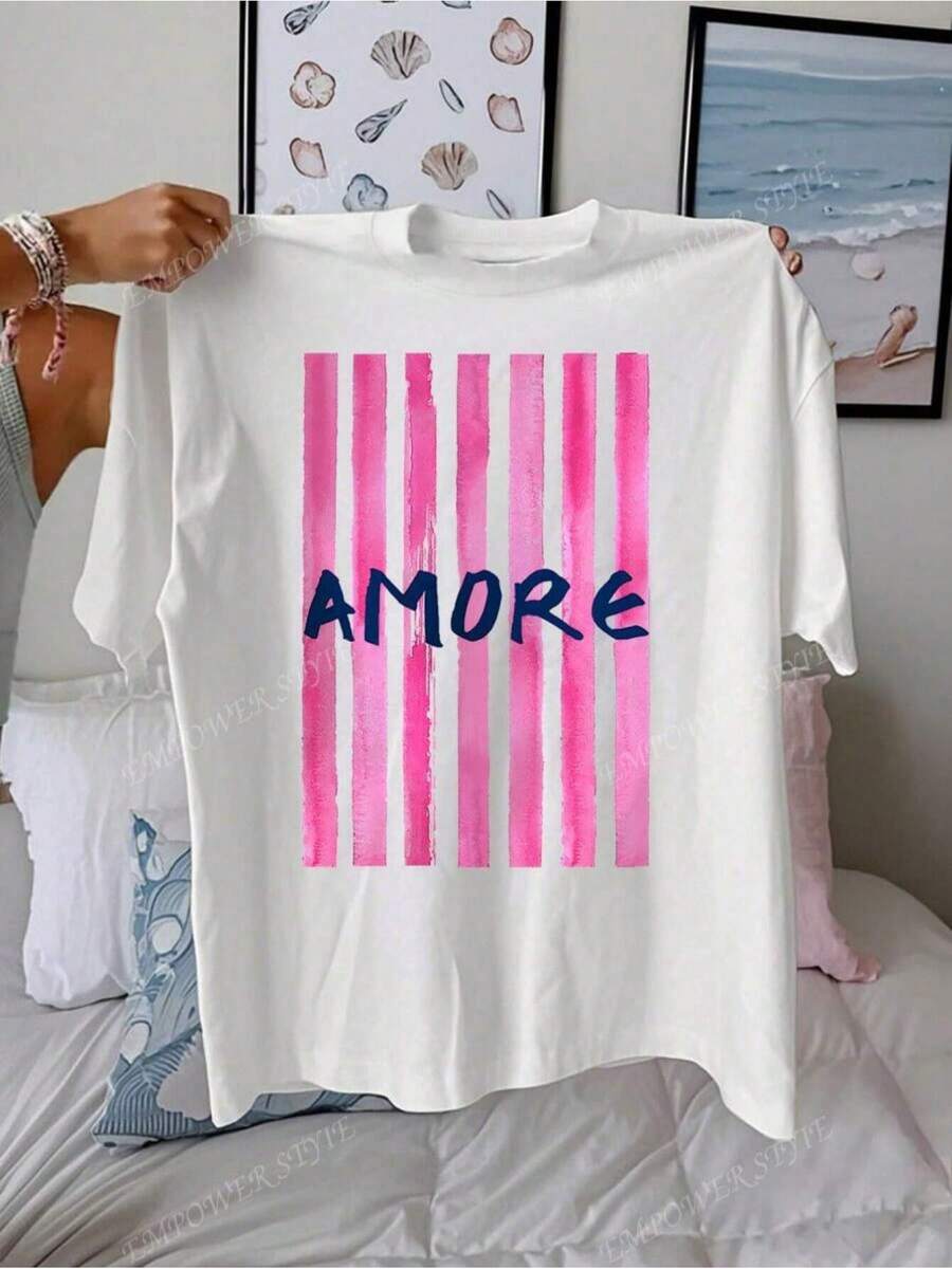 Womens Amore Italian Inspired Pink White Striped T Shirt (2) - trắng - Xem 1