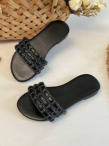 1 par de sandalias planas de estilo de lujo con cuentas tejidas y suela antideslizante de piel de PU para niñas, adecuadas para el Día del Niño, combinación de atuendos de cumpleaños y ocasiones de fiesta de verano - Negro - Ver 5