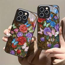Funda de Teléfono de Vidrio Templado con Marco Negro de Lujo de Arte de Rosa y Mariposa Colorida para iPhone 17 Air 16 15 Pro Max 14 Plus 13 12 11 ProMax, Cubierta Protectora de Moda para Parejas - 3V4075 - Colores mixtos - Ver 4