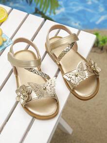 Girls' Gold Rhinestone Flower Sandals, Woven Strap Princess Dress Shoes