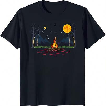 Cozy Campfire Scene Black T-Shirt with Vibrant Flames & Starry Night Sky Suitable for year-round wear, 220g pure cotton single-sided printed crew neck short-sleeve T-shirt, women's fun printed top