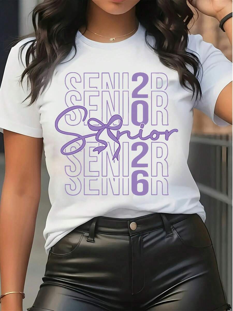 2026 Senior Graphic Print T Shirt Women Graduation Short Sleeve Crew Neck Casual Loose Fit White Tee Top For High School College Graduation Season Outfit - White - View 1