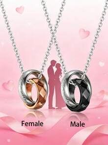 MONALLY 极简主义不锈钢情侣项链，刻有他黑色/她玫瑰金交缠戒指吊坠，周年纪念日/情人节礼物，送给男朋友/女朋友，情侣款 - 情侶項鍊 - 查看 1