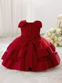 Baby Girls Sleeveless Backless Bow Mesh Satin Elegant Flower Girl Dress For Wedding, Party, Birthday, No Headband - Burgundy - View 4
