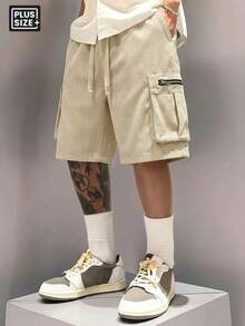 Plus Size Men's Sports Shorts, Casual Fashion Big Pockets Shorts, Zipper Pockets Jumpsuit, Thickened, Suitable For Summer Travel, Beach, Shopping, Dating And Daily Wear - Apricot - View 1