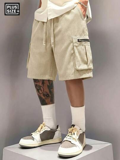 Plus Size Men's Sports Shorts, Casual Fashion Big Pockets Shorts, Zipper Pockets Jumpsuit, Thickened, Suitable For Summer Travel, Beach, Shopping, Dating And Daily Wear