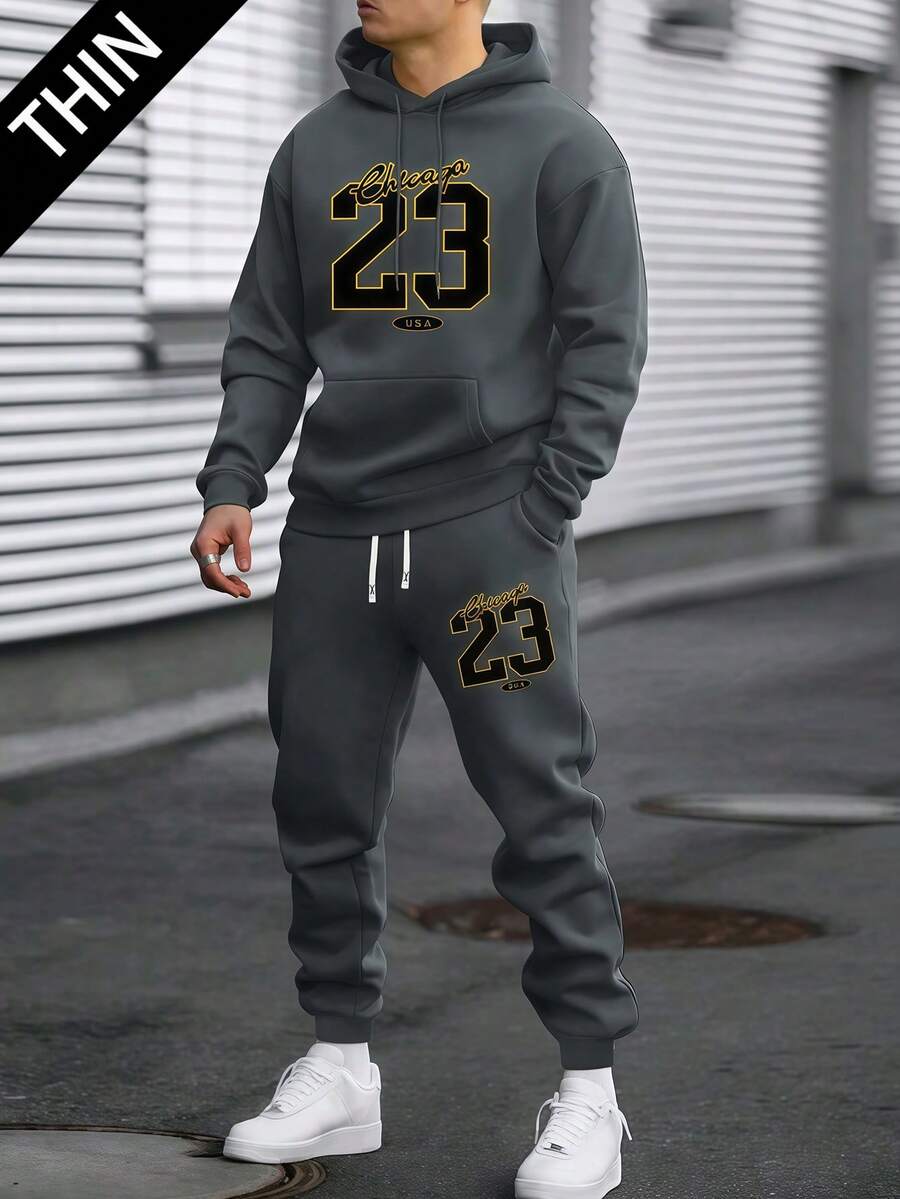 男士春夏轻薄修身连帽衫和运动裤套装，个性化数字字母印花图案，时尚休闲装，带口袋和抽绳腰带，适合送给丈夫/男友，适合日常穿着、通勤和户外活动。 - 淺灰色 - 查看 1