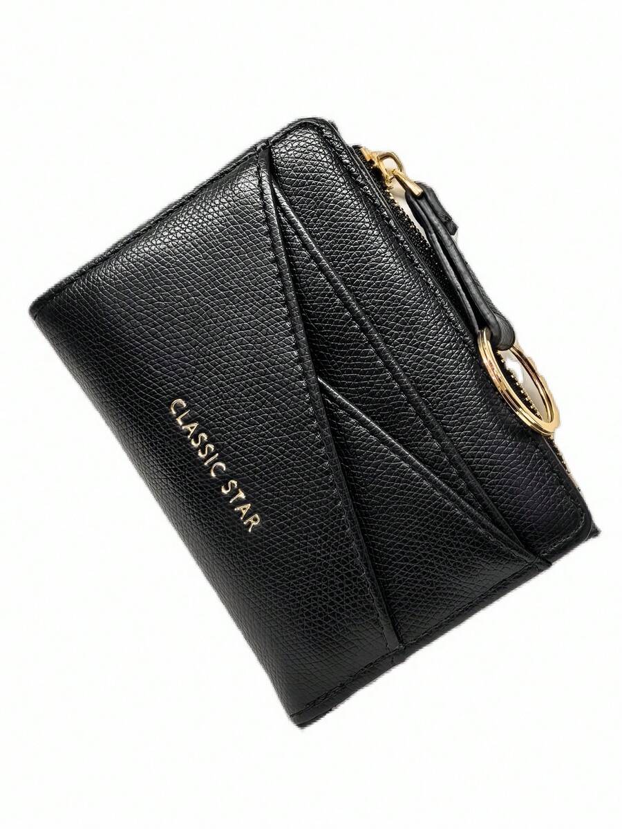 New Women Wallet & Key Chain, Asymmetrical Design Ultra-Thin Portable Bifold Zipper Coin Purse - Black - View 1