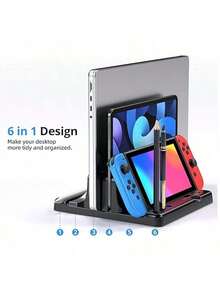 Vertical Laptop Stand For Desk,Dual Slots Plastic Laptop Holder With Space Saving 4-In-1 Design,Adjustable Laptop Organizer Storage Supports - Multicolor - View 6