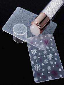 Beautizon Nailartlab 3pcs/Set Christmas Snowflake Pattern Template & Acrylic Double-Ended Silicone Transfer Tool Kit, DIY Art Design Y2K Style Nail Salon Tool Accessories - White - View 1